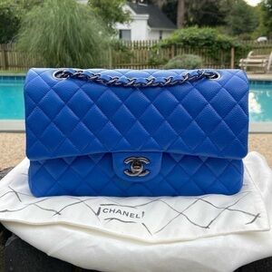 CHANEL Classic Caviar Double Flap Blue ruthenium  hardware